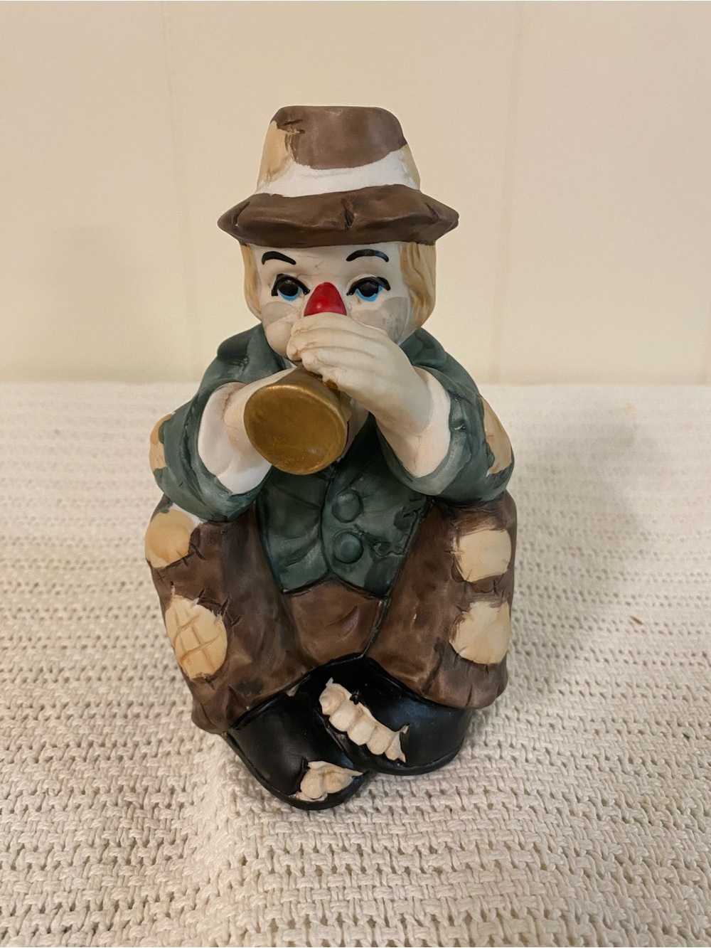 Vintage Hand-Painted Ceramic Clown Music Box in Brown and Green